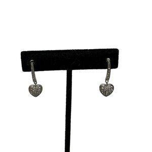 Heart Earrings Drop Pave Clear Crystals Silver Tone‎ Post Back 1"